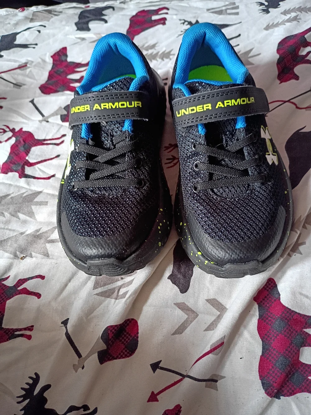 Under Armour Boys Black Sneakers with Blue Lining and Neon Yellow Accents